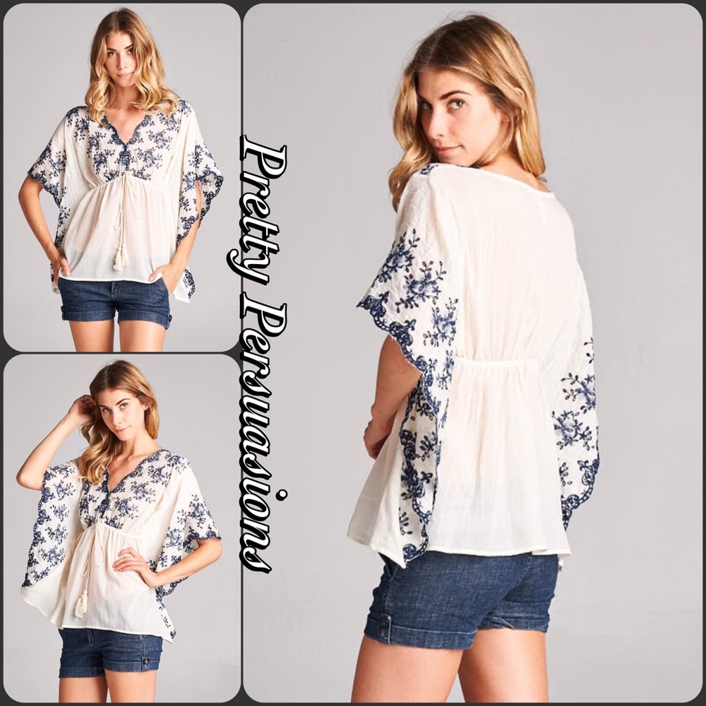 SOLD Ivory & Navy Embroidered Flutter Sleeve Top - Picture 3 of 4