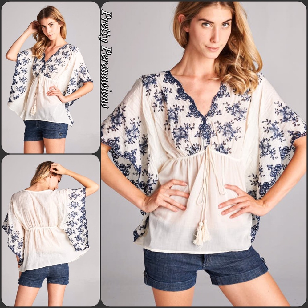 SOLD Ivory & Navy Embroidered Flutter Sleeve Top - Picture 4 of 4