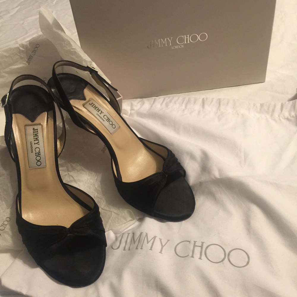 Jimmy Choo King black satin sling back sandals 39