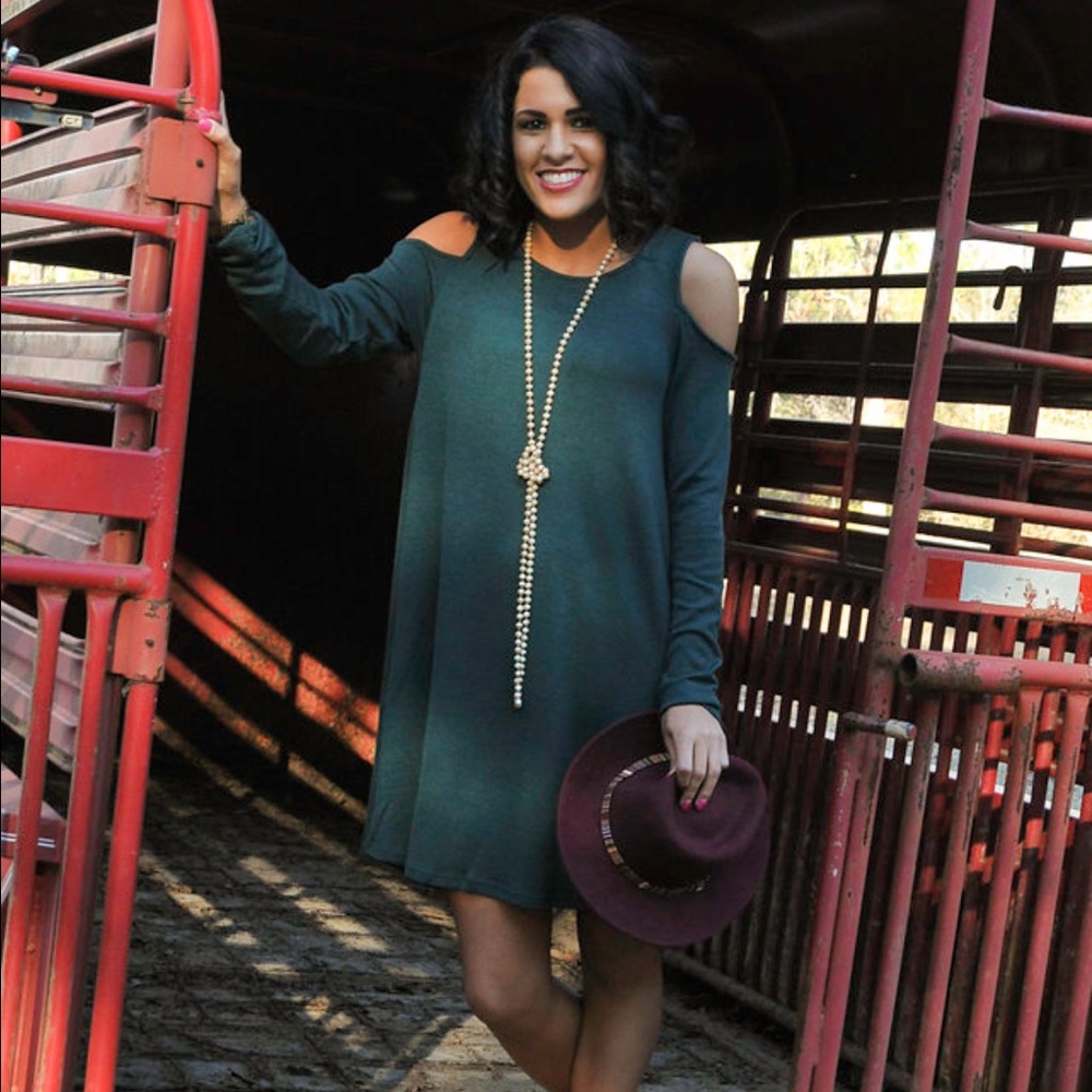Hot Cold Shoulder Dress Forest or Mocha