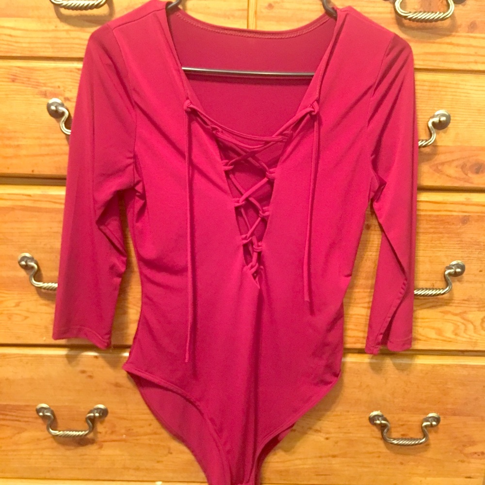 Burgundy lace up leotard