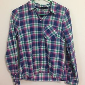 Purple, blue, green plaid flannel