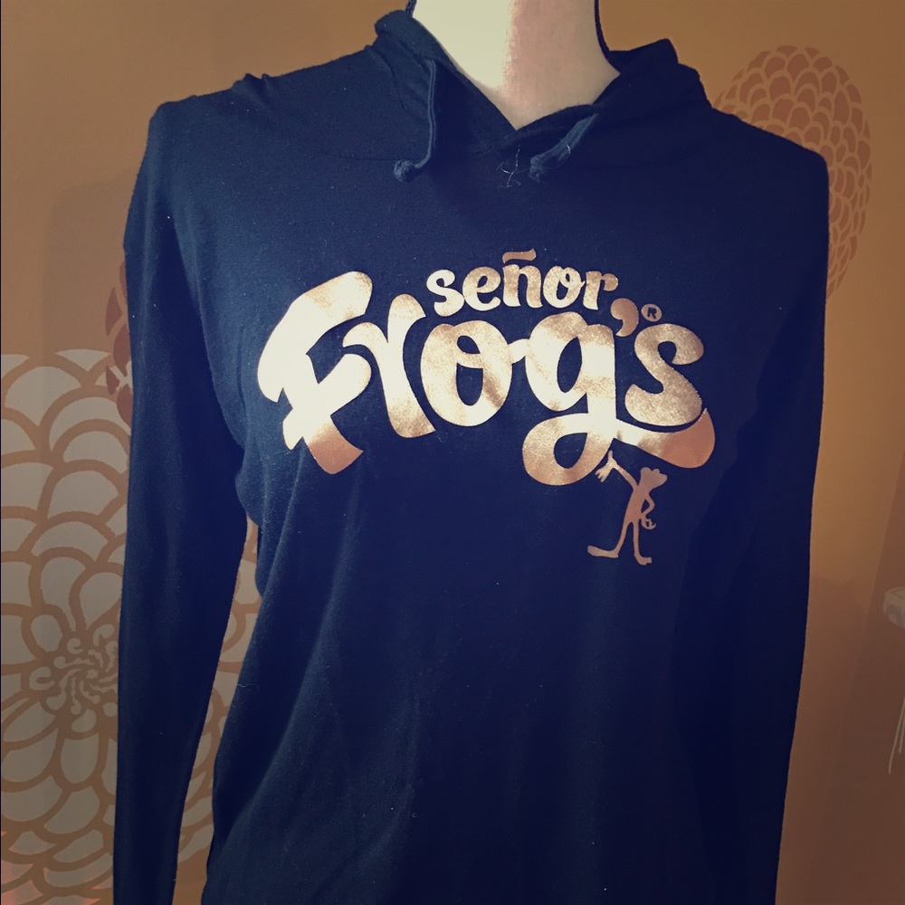 Black with Gold Print Senor Frogs Long Tee Hoodie