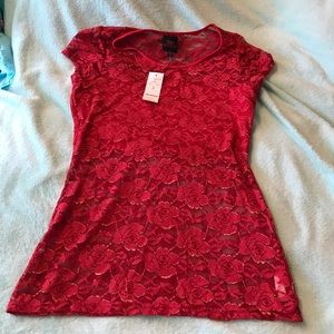 Red Lace Sheer Shirt - 2B Bebe - Small - NWT