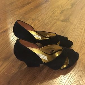 Black Suede Open Toe Wedge