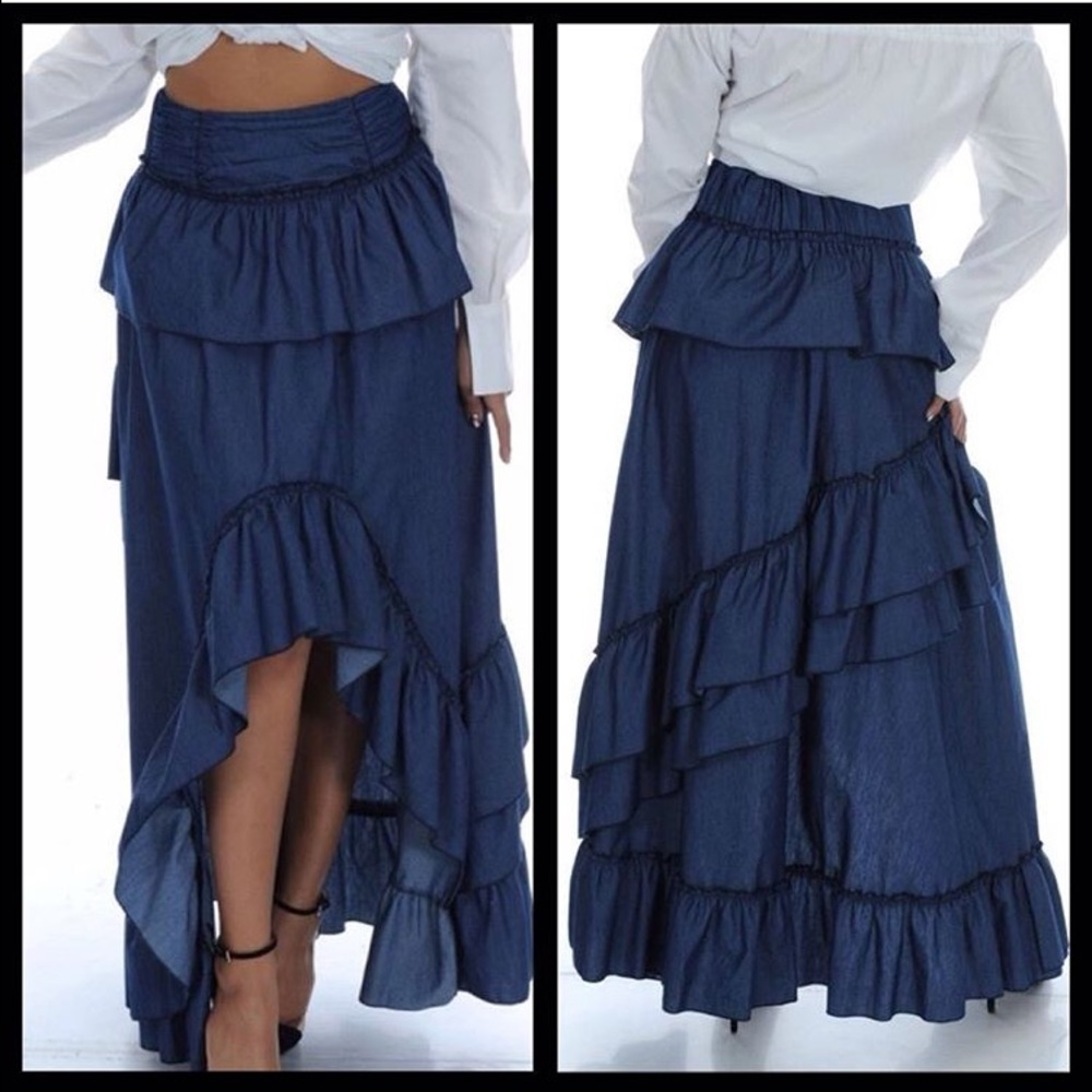 Hi- Low Denim Ruffled Maxi Skirt