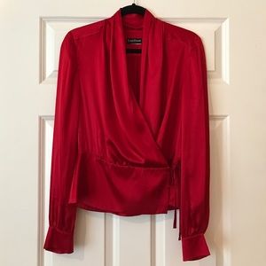 Red gorgeous 100% silk wrap front blouse w/ peplum