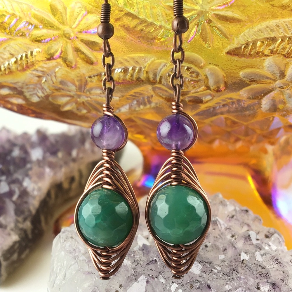 Amethyst & Green Agate stone wire wrap earrings