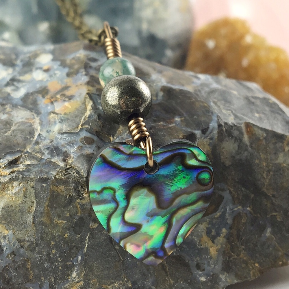 Abalone shell/Moss Agate/Pyrite stone necklace
