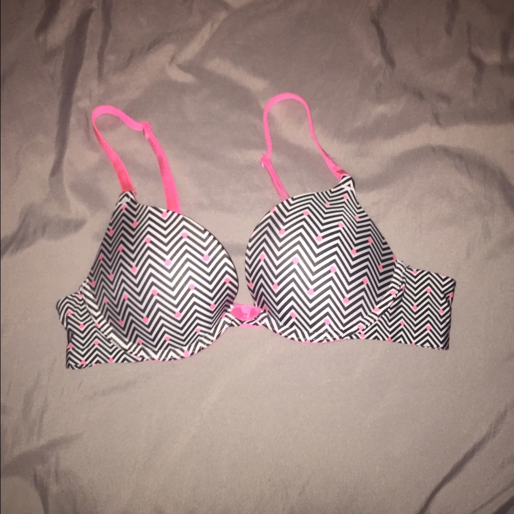 VS Black, pink and white patterned push up bra
