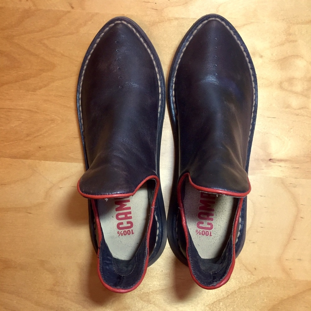Unique camper brown leather slip on booties