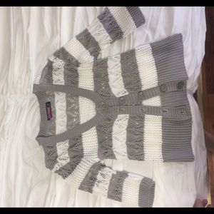 Gray and White Striped Crochet Sweater