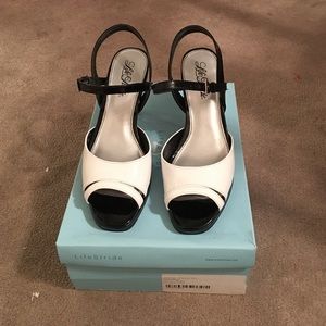 Size 10, Black/white patent leather 3" heel