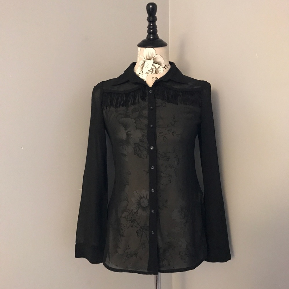 ❌SOLD❌Sheer Black Top with Fringe