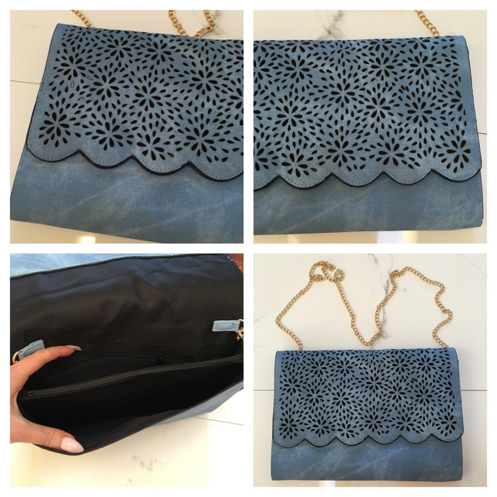 Blue shoulder bag clutch faux jean suede chain - Picture 3 of 4