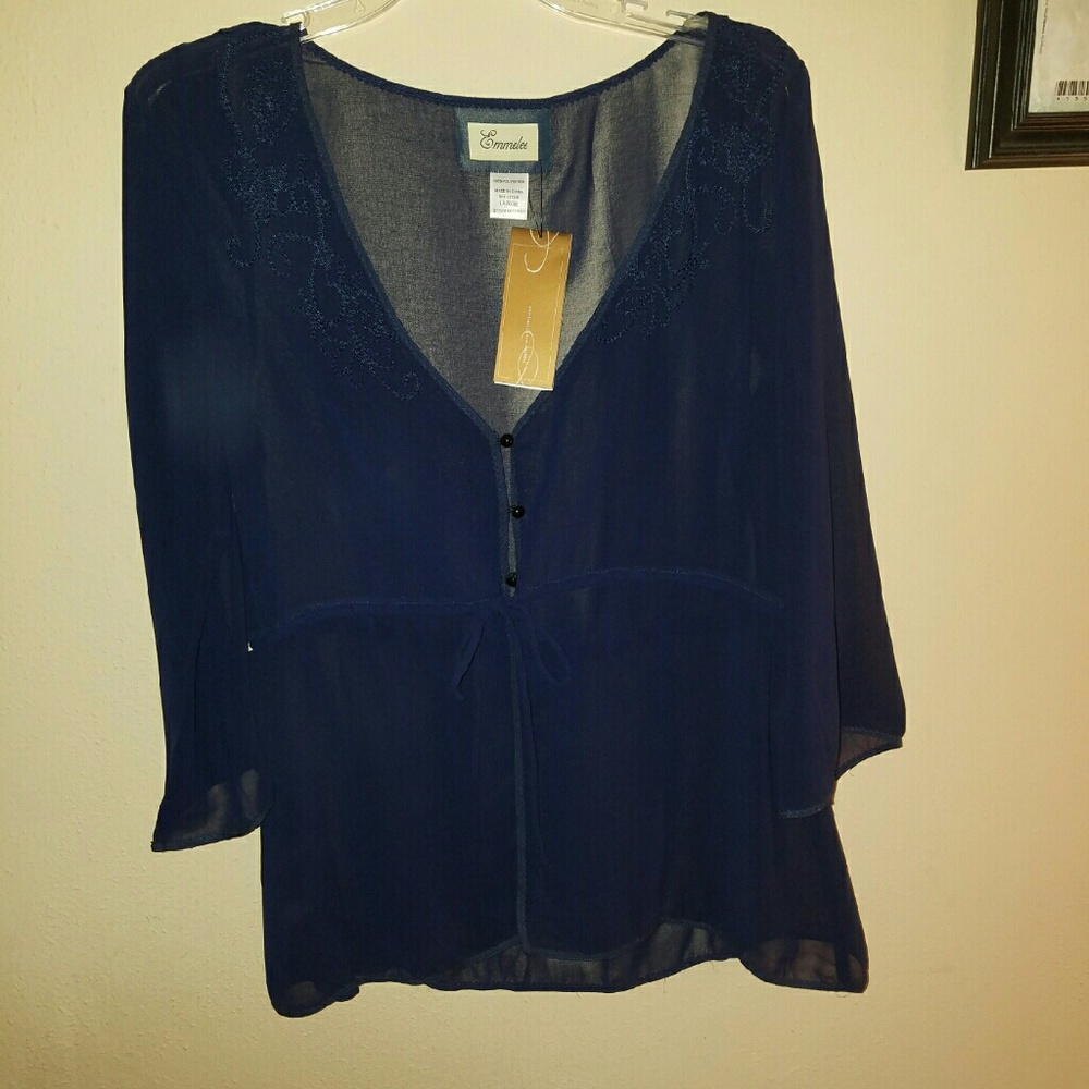Sheer, navy long sleeve blouse