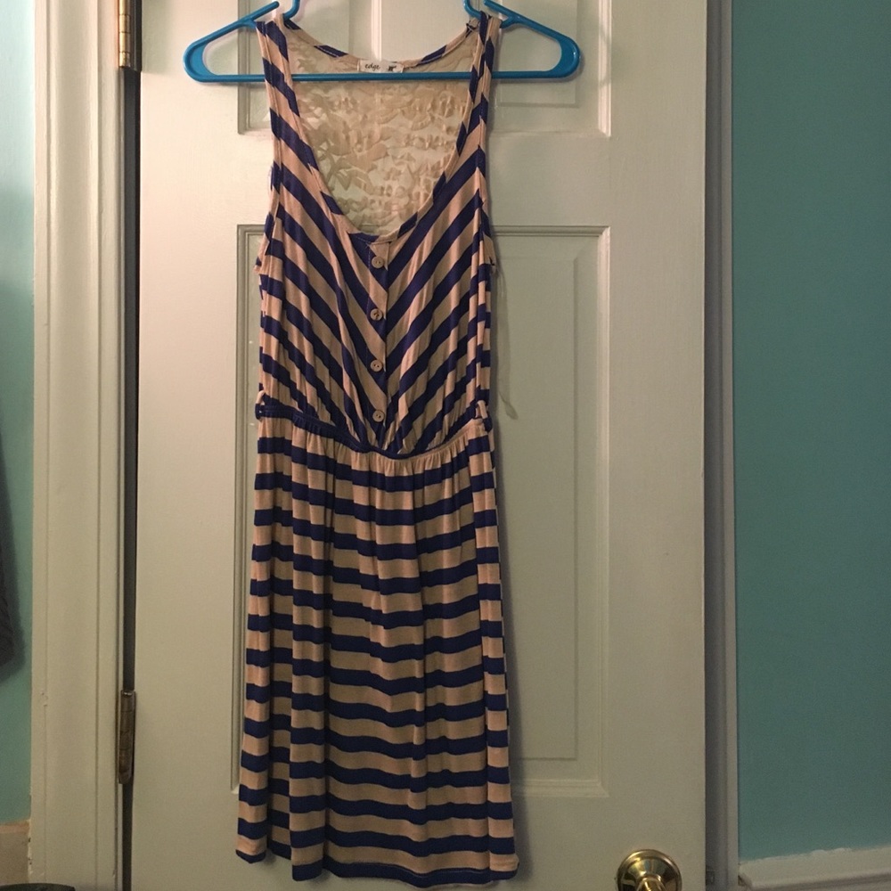 Blue and tan striped dress. Lace back. Size small