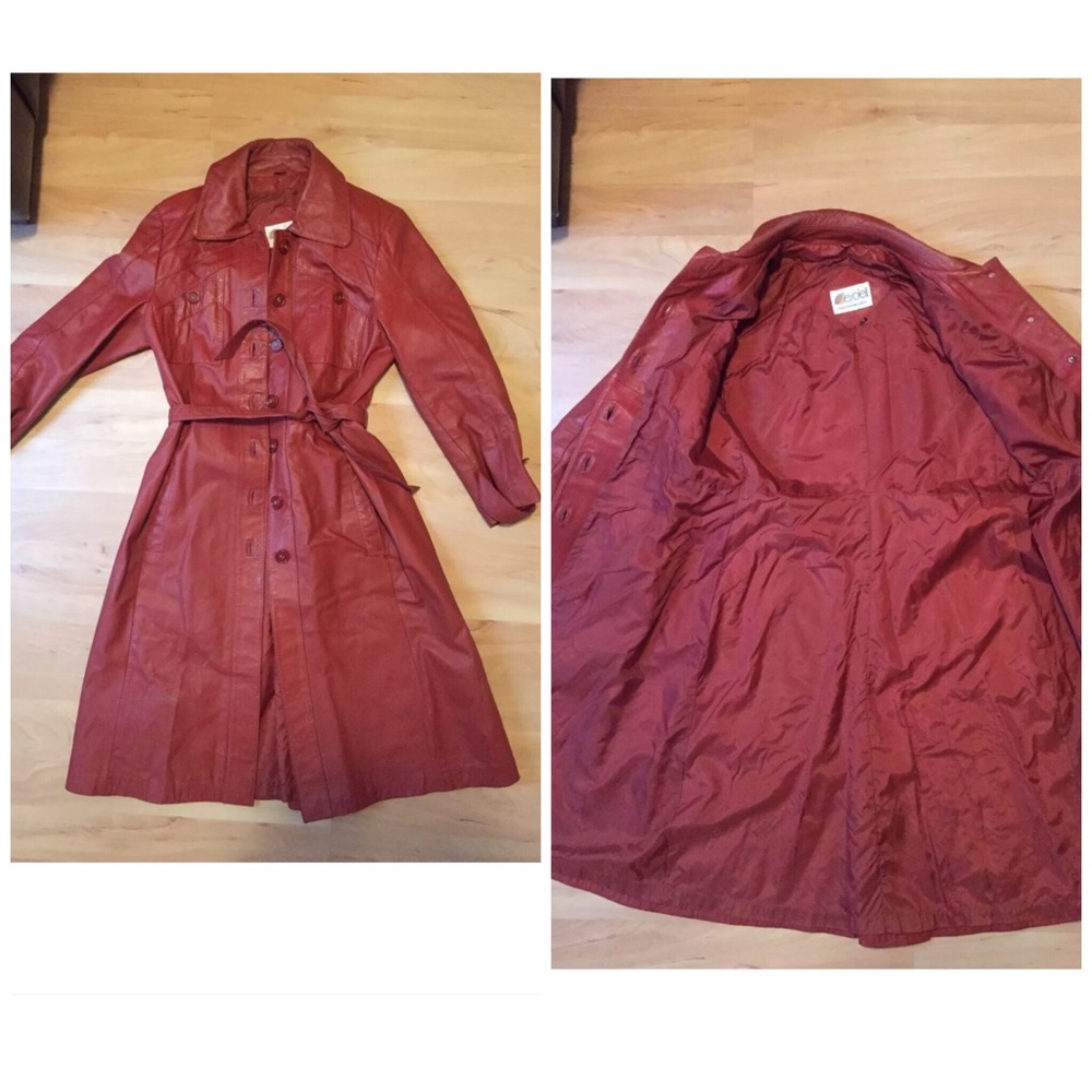 Vintage leather trench coat burgundy size 8