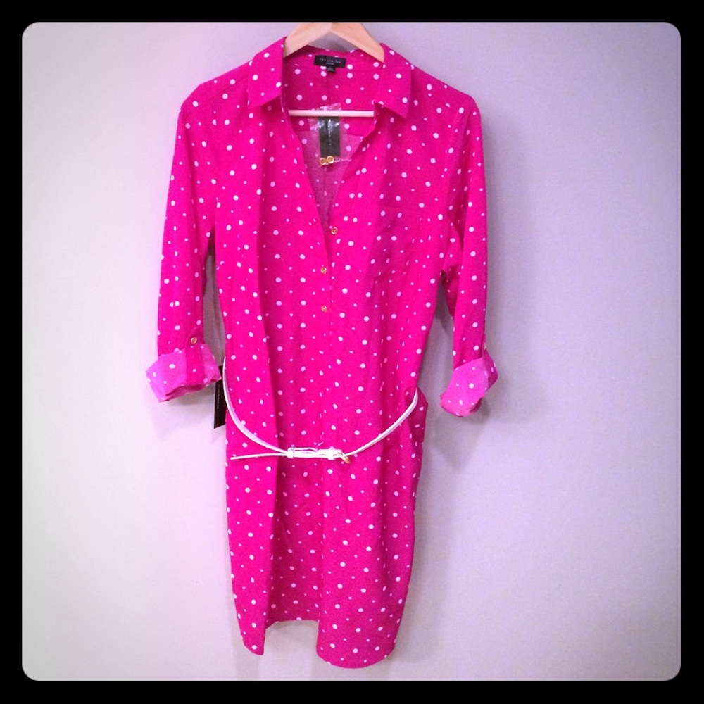 Polka dotted shirt dress with gold buttons