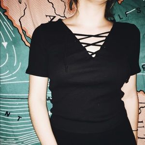 Black ribbed lace up shirt