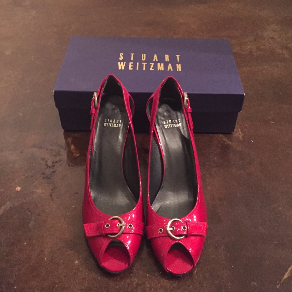 Patent red Stuart Weitzman peep-toe heels