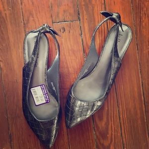 Silver, reptile patterned kitten-heeled sling back