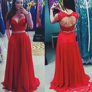 Full length red prom gown