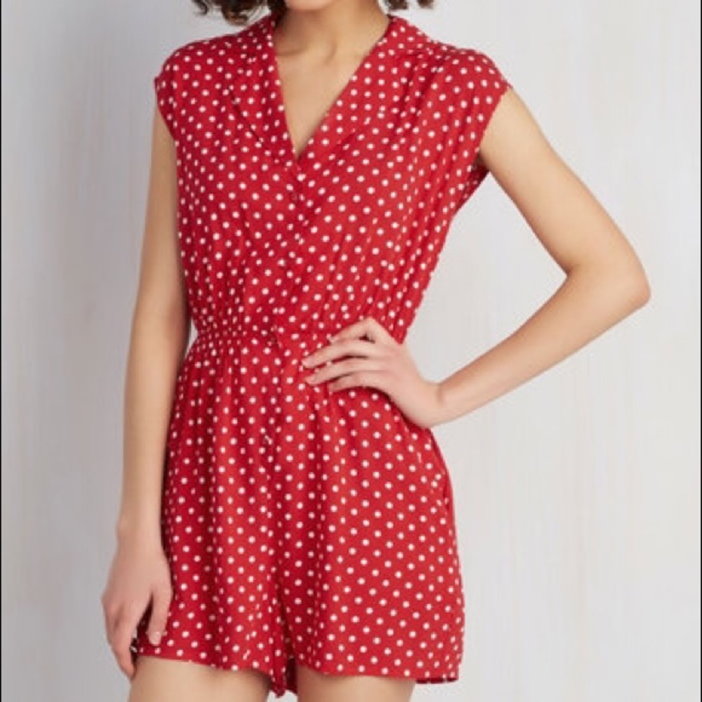Red and white polka dot romper