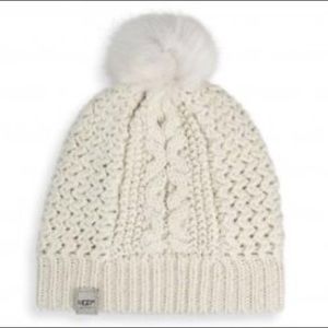 White UGG Nyla Cable Knit Beanie w/ Lurex and Pom