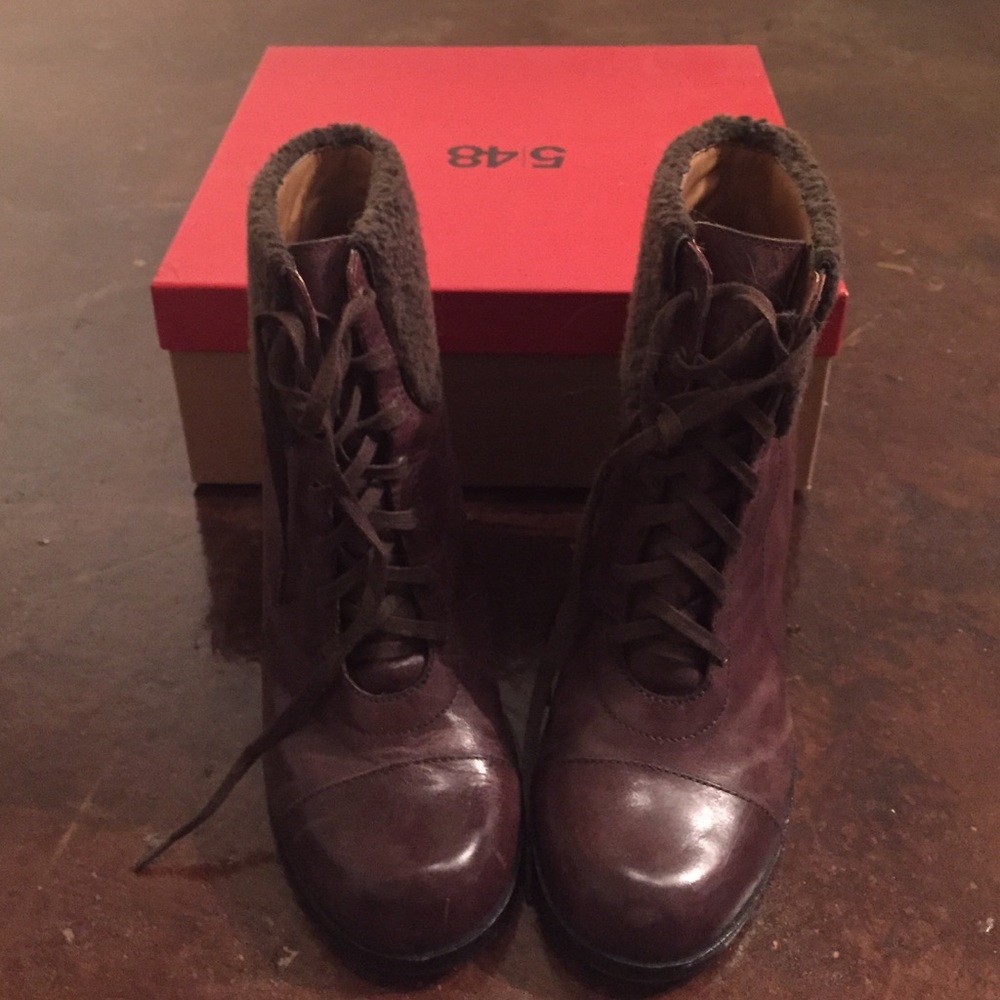 5|48 heeled, lace up booties with faux fur ankle