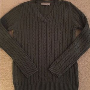 Olive green cable knit sweater.