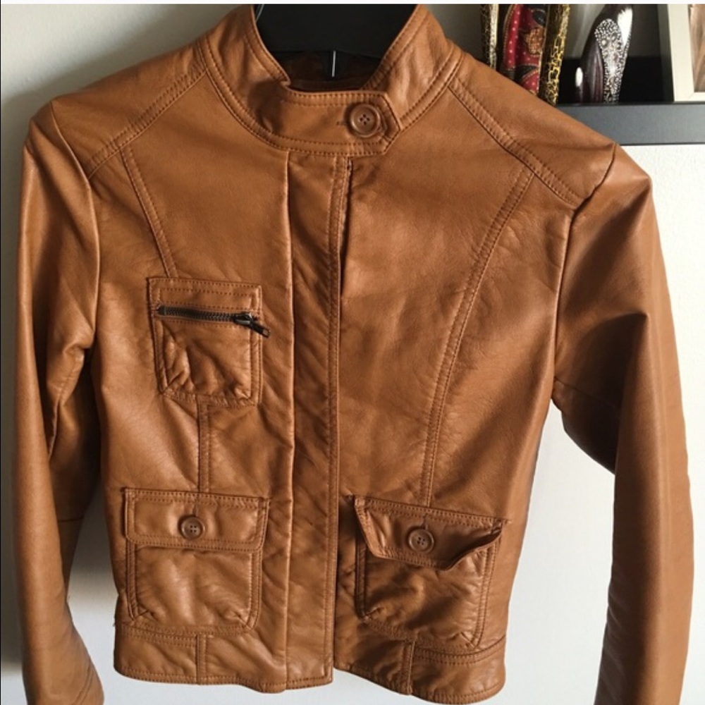 H & M camel faux leather jacket size 4