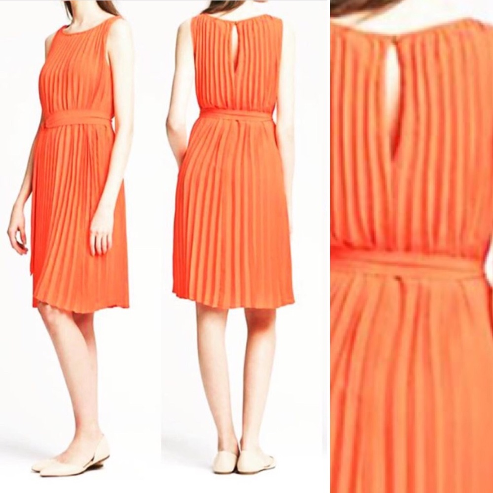 Orange Pleated Trapeze Dress
