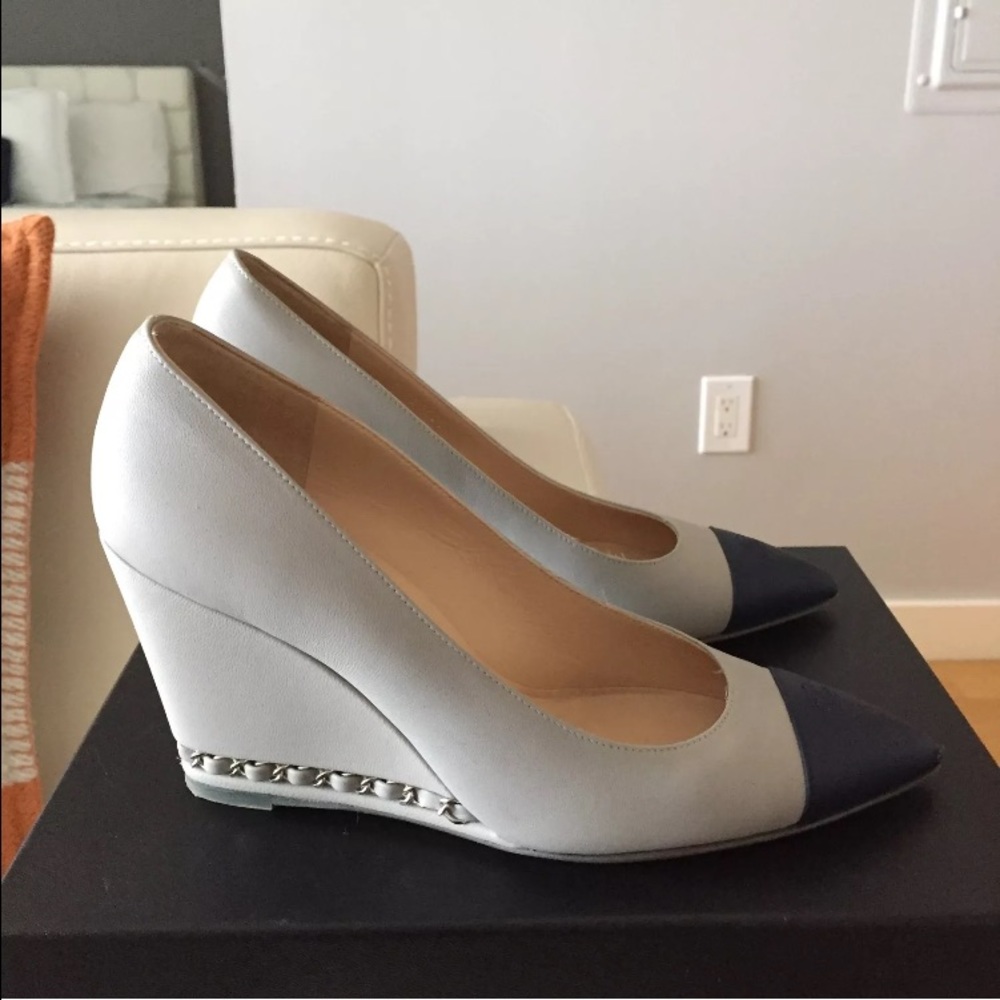 SOLD Auth Chanel Cap Toe Wedge Pumps With Chain - Picture 3 of 4