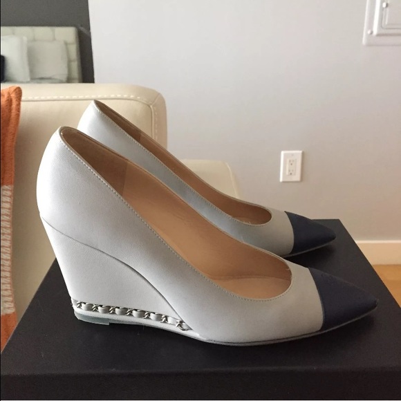 SOLD Auth Chanel Cap Toe Wedge Pumps With Chain - Picture 3 of 4