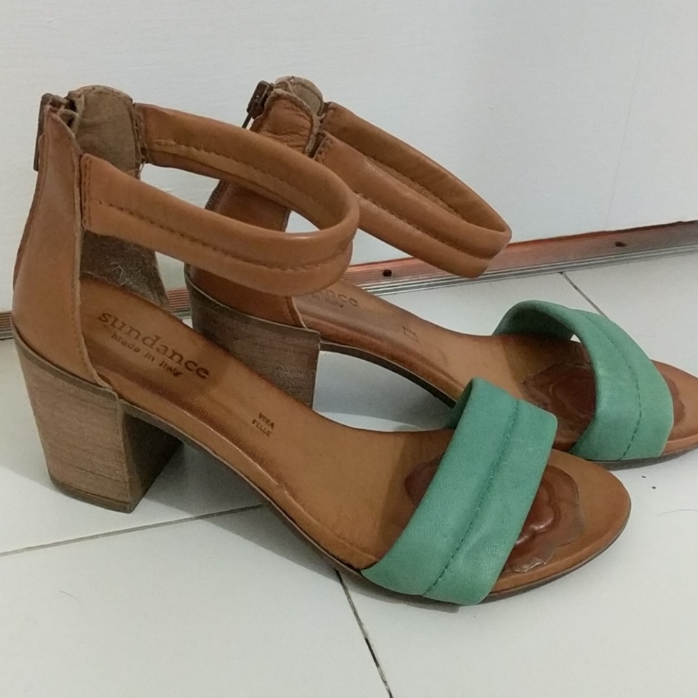Sundance Catalog Teal And Tan Block Heel Sandal