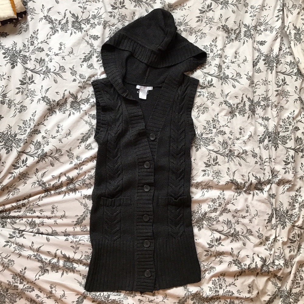 Long gray hooded button up sweater vest