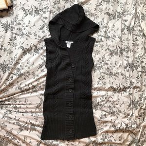 Long gray hooded button up sweater vest