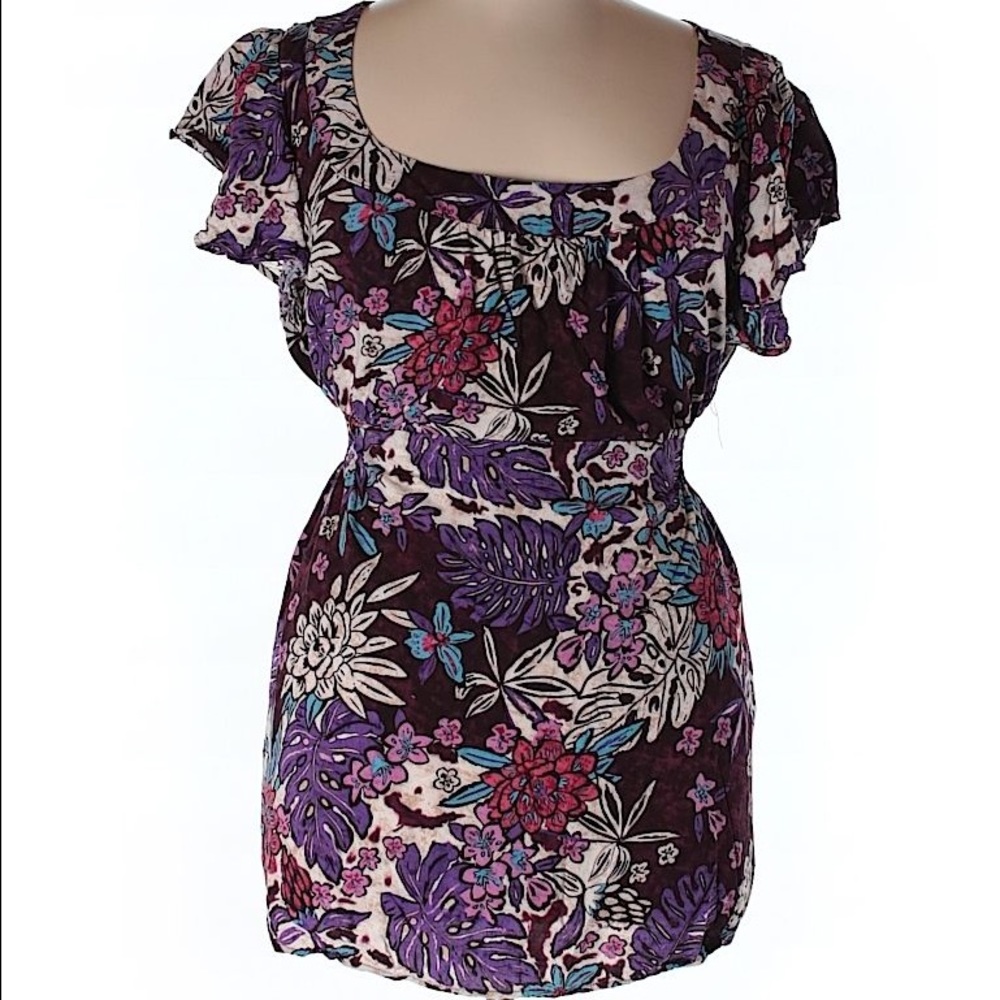 Short Ruffle Sleeve Blouse Purple Floral Print