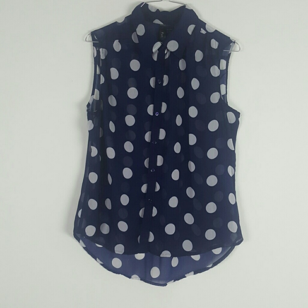 Sleeveless Navy and White Polka Dot Blouse