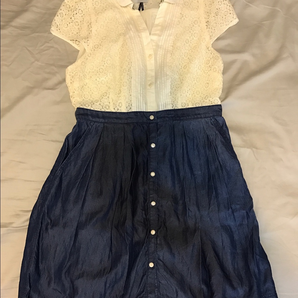 Floral lace top with soft denim skirt dress