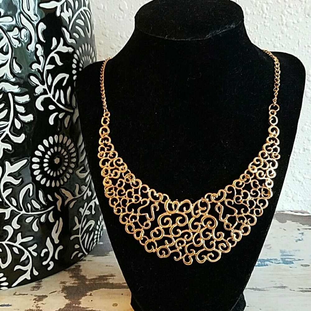 Gold Toned Statement Filigree Fashion Necklace