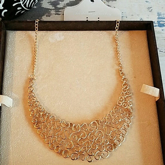 Gold Toned Statement Filigree Fashion Necklace - Picture 2 of 4