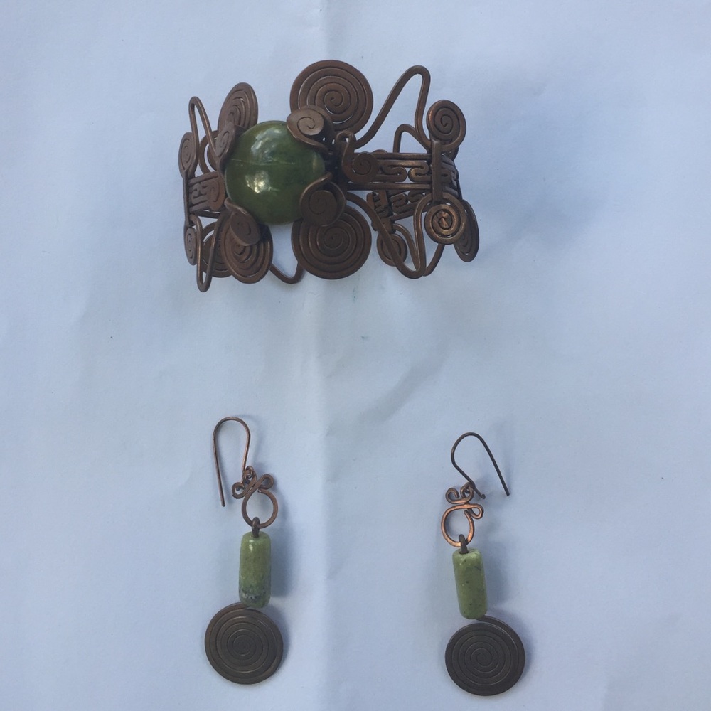 Copper and Jade Earring and Bracelet Set