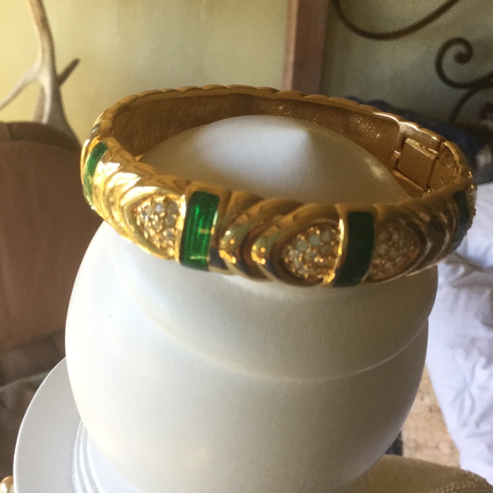 Gold, Green, and Rhinestone Bracelet