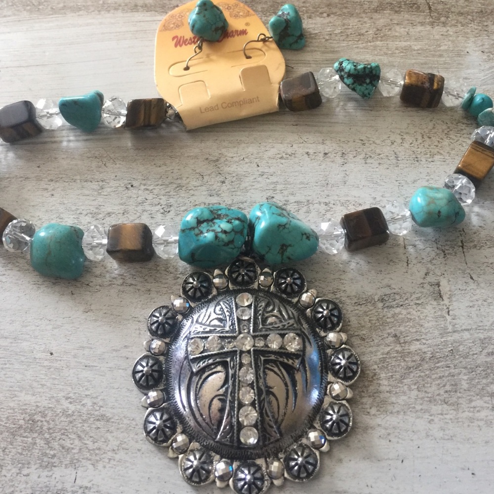 Turquoise and brown western necklace/earring set - Picture 4 of 4