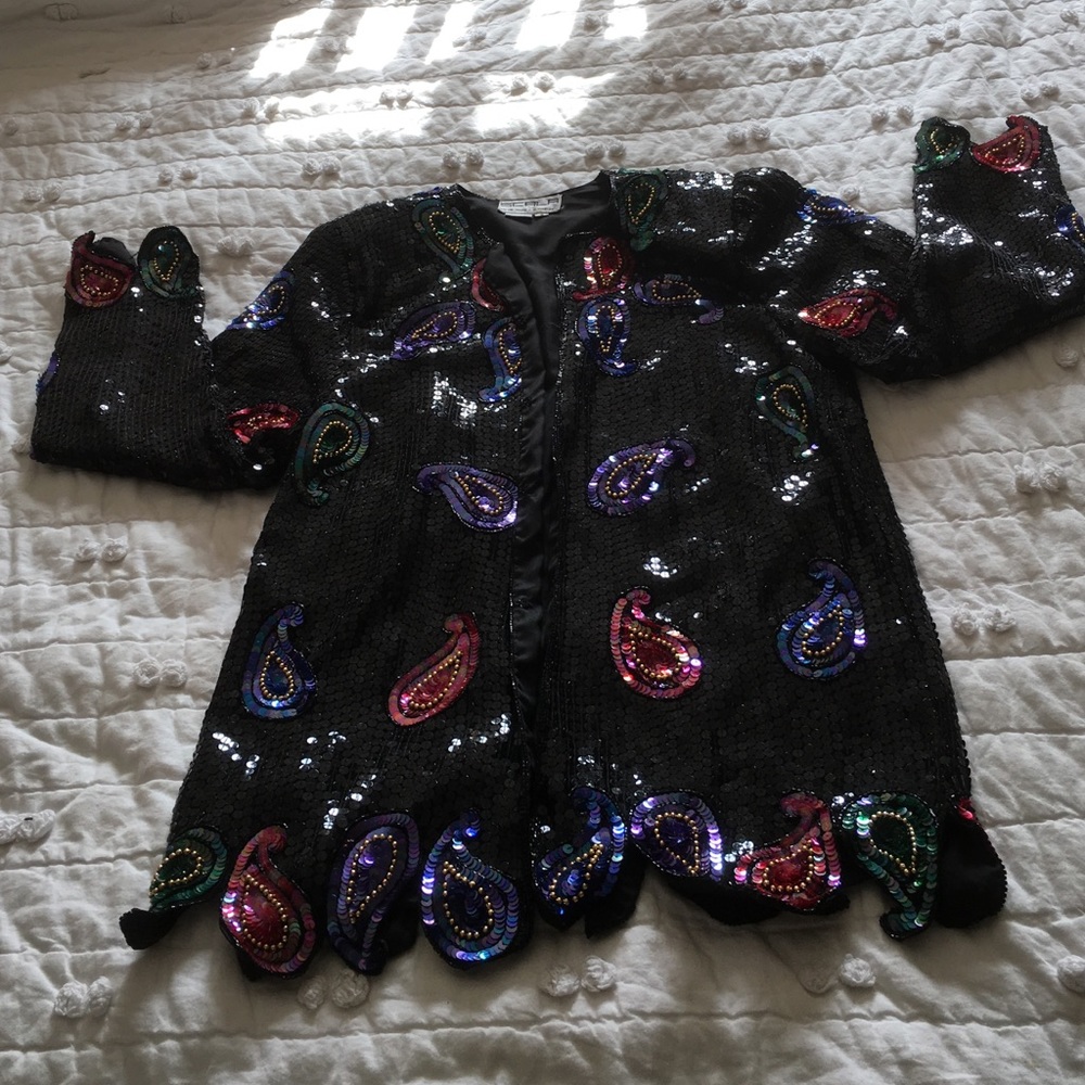Vintage black paisley Sequin silk-lined coat