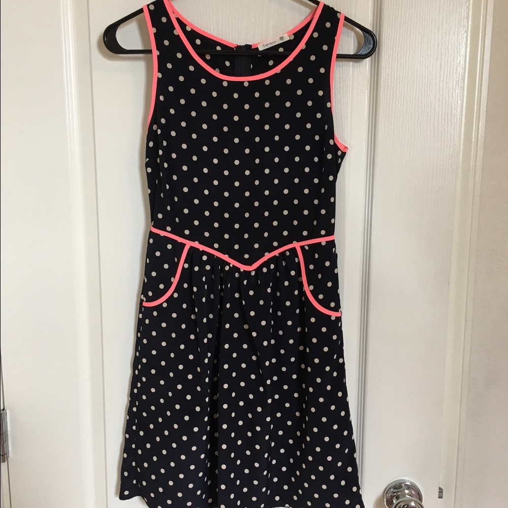 Soprano polka dot blue & neon coral trim dress