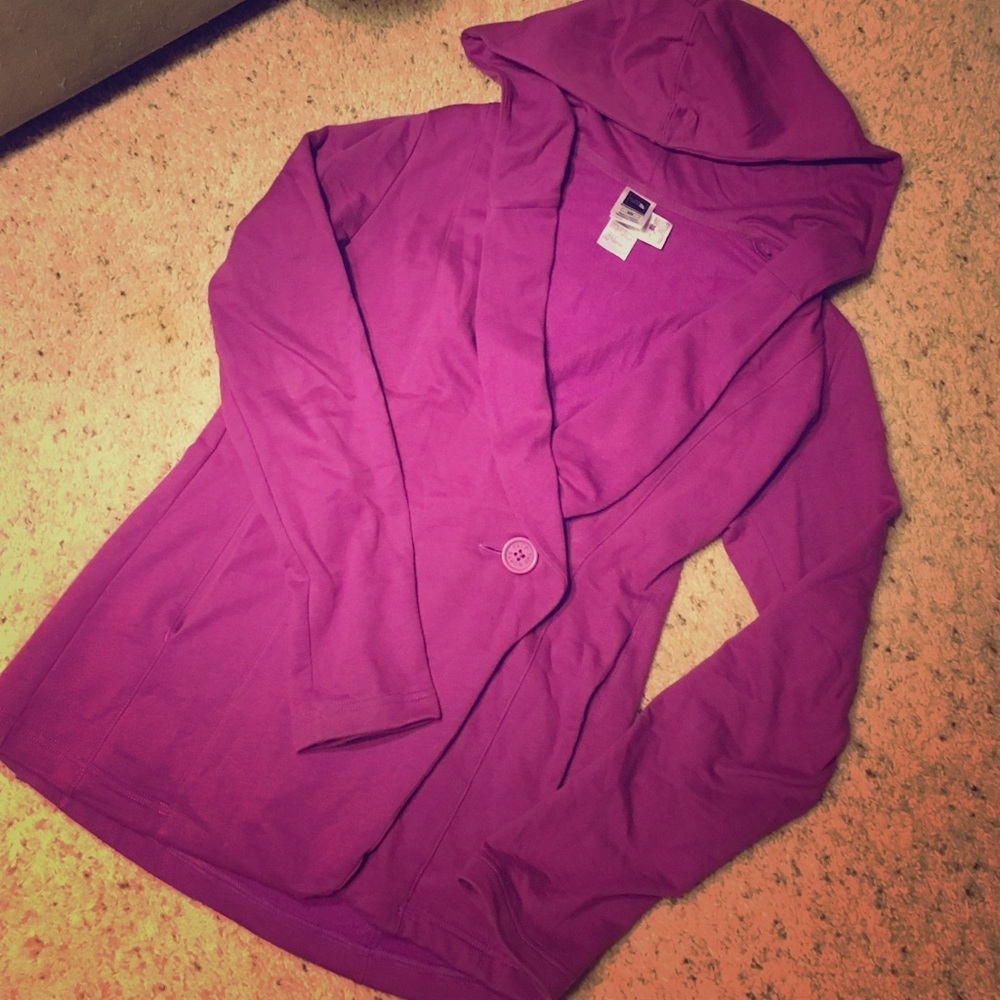 Purple, soft sweatshirt material jacket with hood