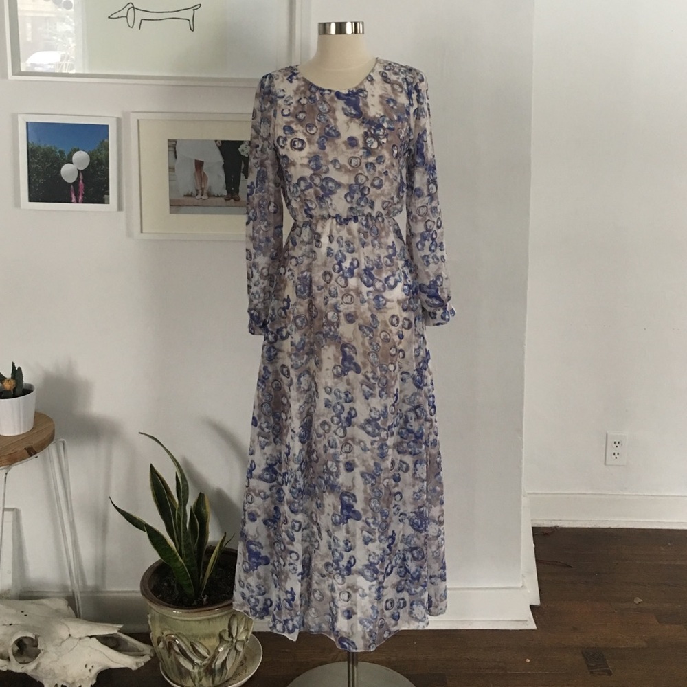 Blue and gray long sleeved midi dress